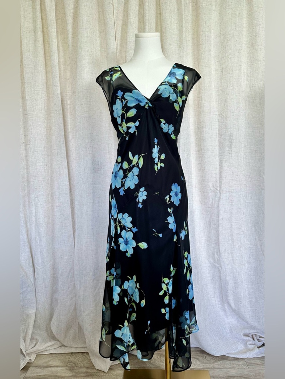 Studio 1940 Asymmetrical Black Midi Dress with Blue Floral Print